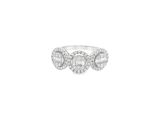 18K White Gold Ring with 3 Round Clusters of Natural Baguette and Round Diamonds